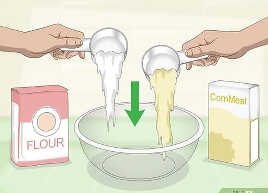 Etapa 1 Combine 1 xícara (240 ml) de farinha e 1 xícara (240 ml) de fubá em uma tigela.